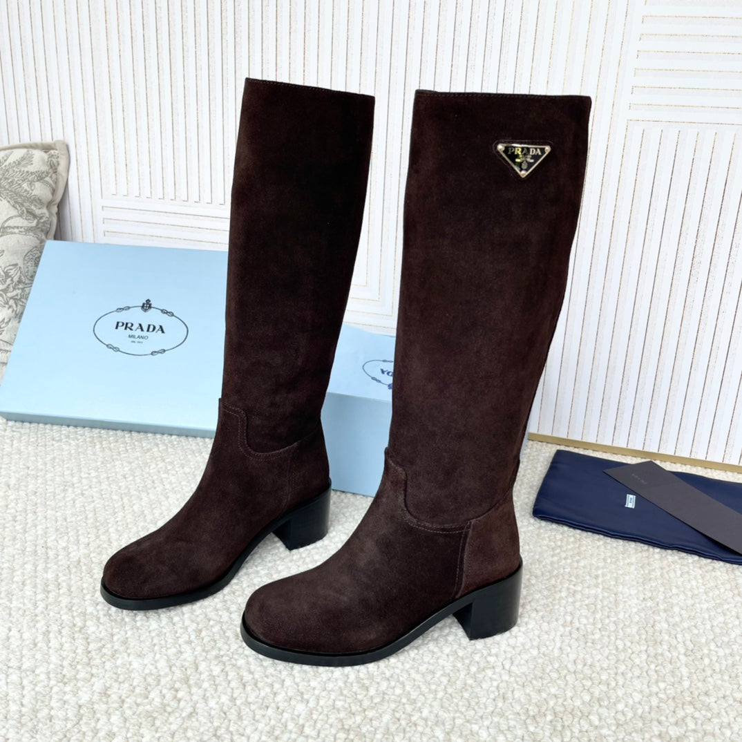 PRADA 25S HIGH-CUT BOOTS 55 MM IN DARK BROWN SUEDE - 35
