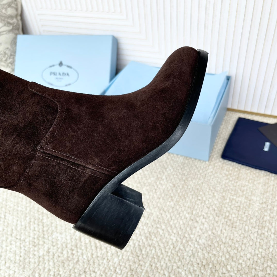 PRADA 25S HIGH-CUT BOOTS 55 MM IN DARK BROWN SUEDE - 35