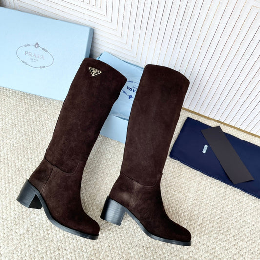 PRADA 25S HIGH-CUT BOOTS 55 MM IN DARK BROWN SUEDE - 35