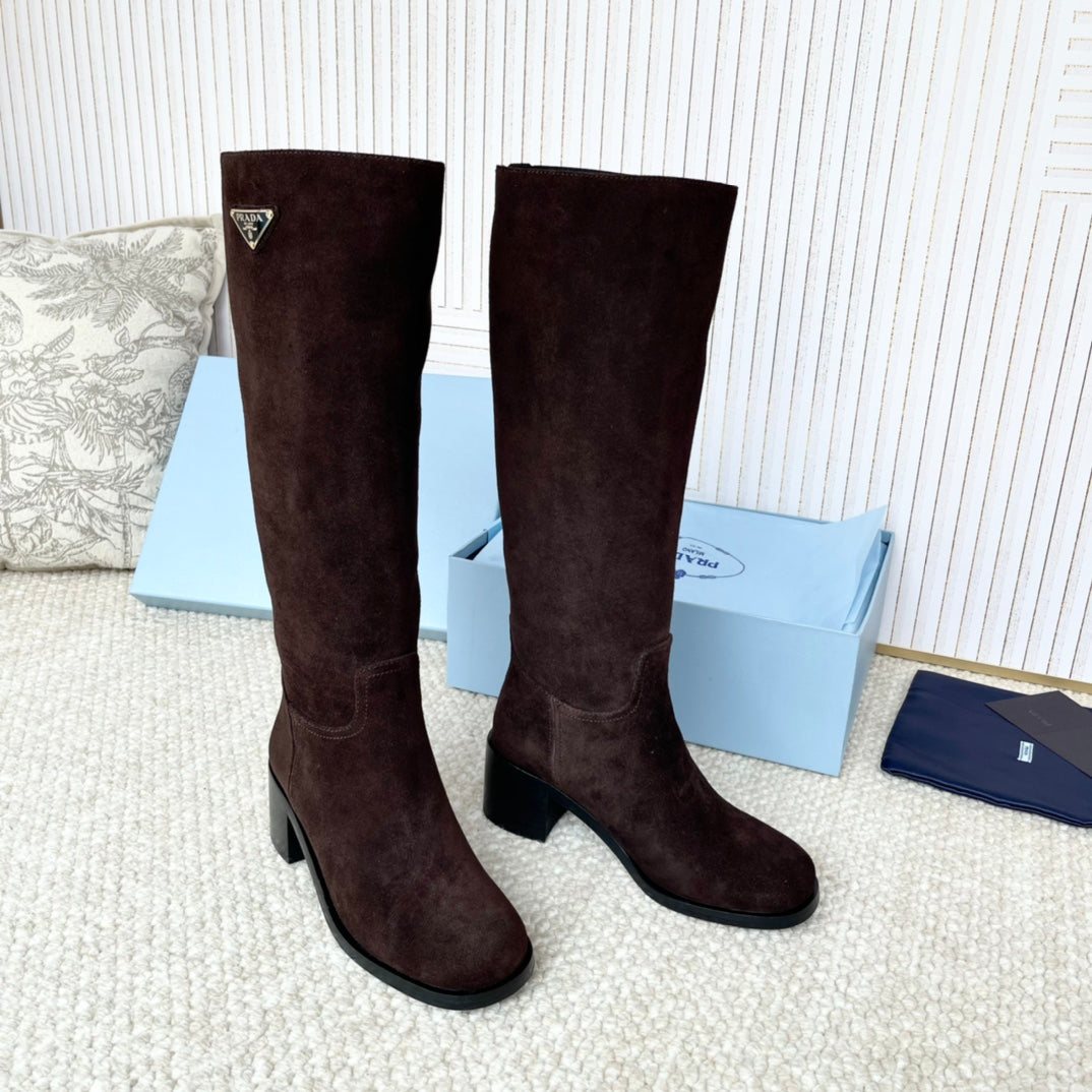 PRADA 25S HIGH-CUT BOOTS 55 MM IN DARK BROWN SUEDE - 35