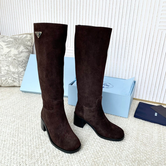PRADA 25S HIGH-CUT BOOTS 55 MM IN DARK BROWN SUEDE - 35