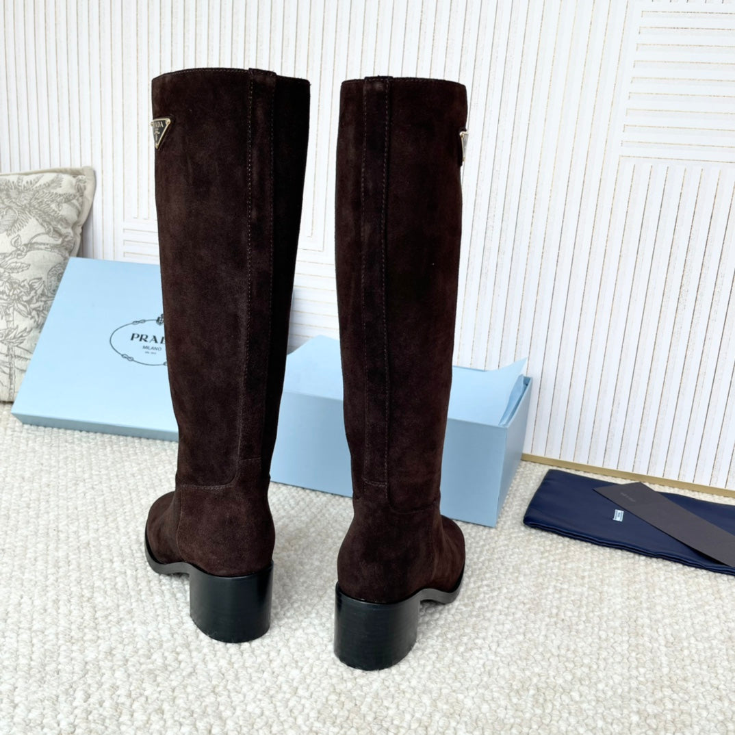 PRADA 25S HIGH-CUT BOOTS 55 MM IN DARK BROWN SUEDE - 35