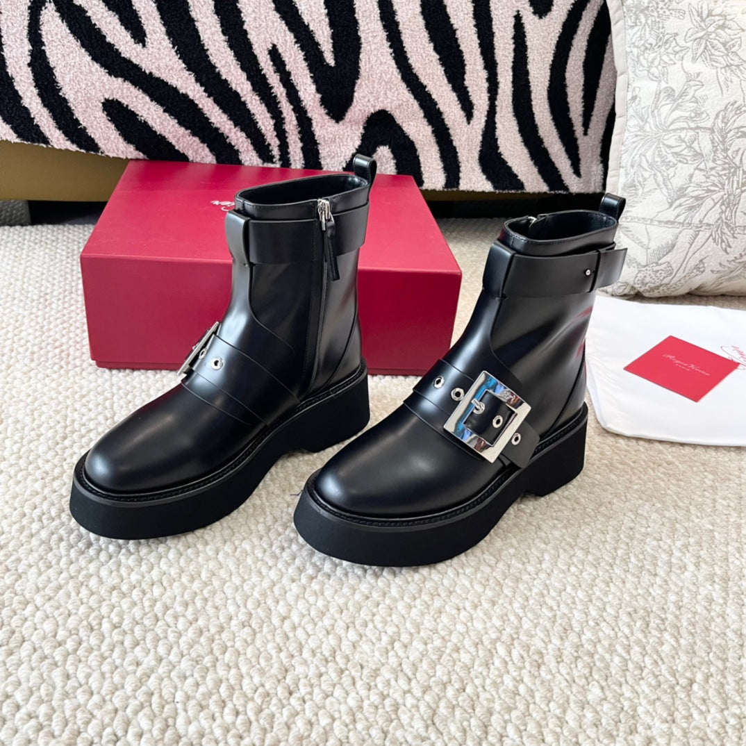 VIV' RANGERS ANKLE BOOT IN BLACK CALFSKIN WITH METAL BUCKLE - 35