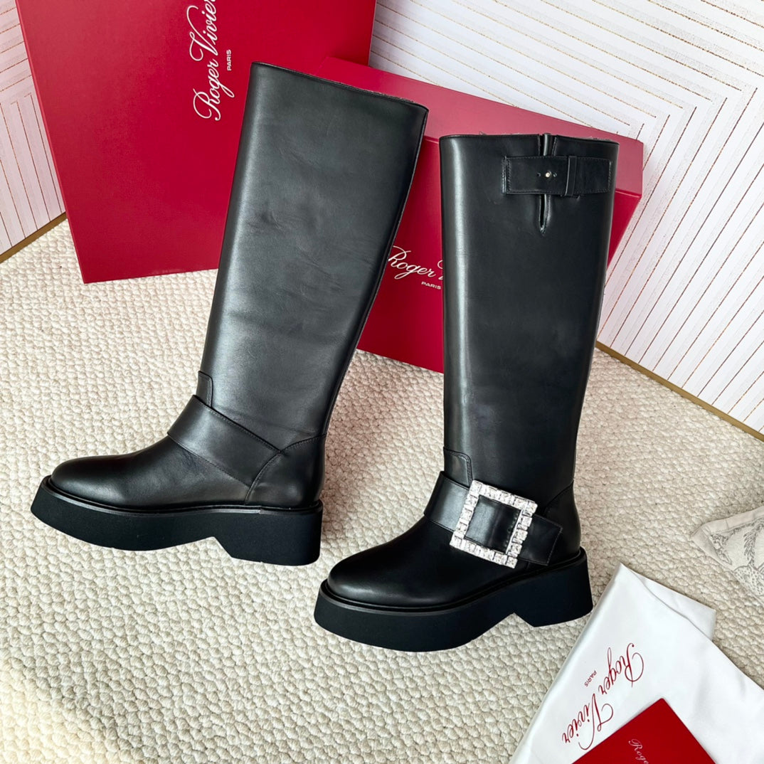 VIV' RANGERS HIGH BIKER IN BLACK CALFSKIN CRYSTAL BUCKLE - 35