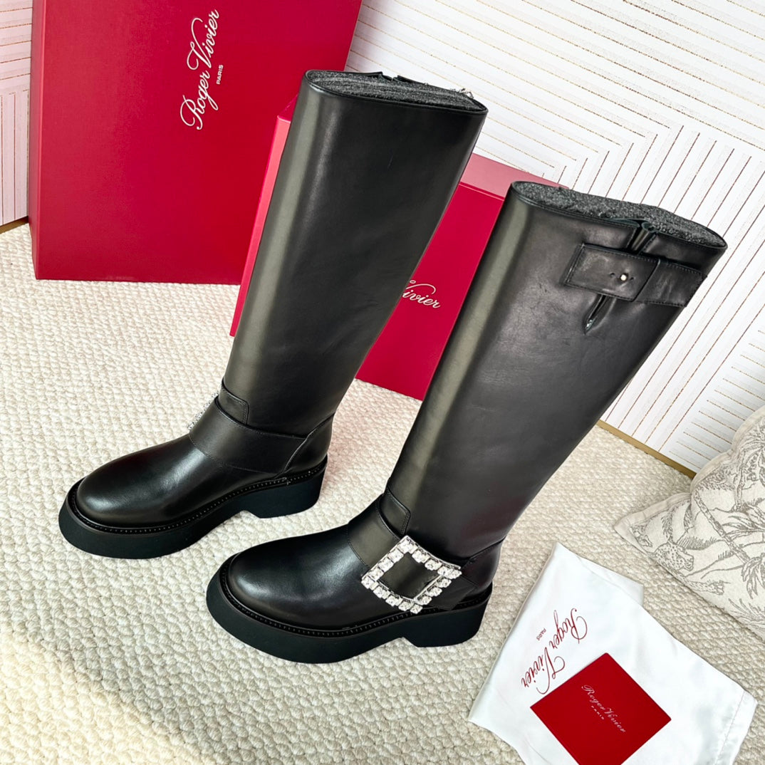 VIV' RANGERS HIGH BIKER IN BLACK CALFSKIN CRYSTAL BUCKLE - 35