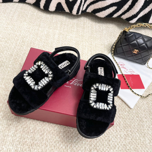 VIV' WINTER FUR STRASS BUCKLE SANDALS IN BLACK SHEEPSKIN - 35