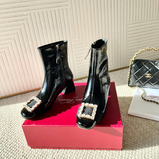 BELLE VIVIER ANKLE BOOTS IN BLACK GLOSSY CALFSKIN RHINESTONE BUCKLE - 35