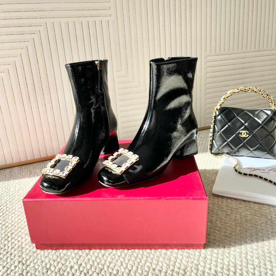 BELLE VIVIER ANKLE BOOTS IN BLACK GLOSSY CALFSKIN RHINESTONE BUCKLE - 35