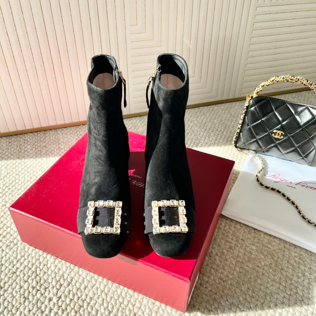 BELLE VIVIER ANKLE BOOTS IN BLACK SUEDE RHINESTONE BUCKLE - 35