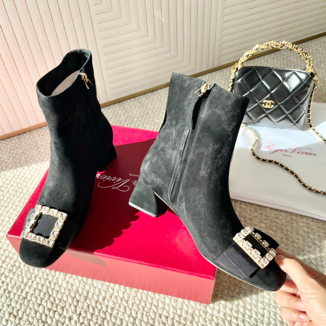 BELLE VIVIER ANKLE BOOTS IN BLACK SUEDE RHINESTONE BUCKLE - 35