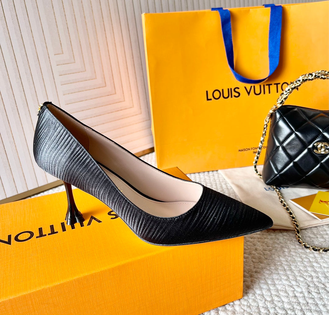 BLOSSOM PUMP 75 MM IN BLACK IMPORTED STRIPED SILK SATIN - 35