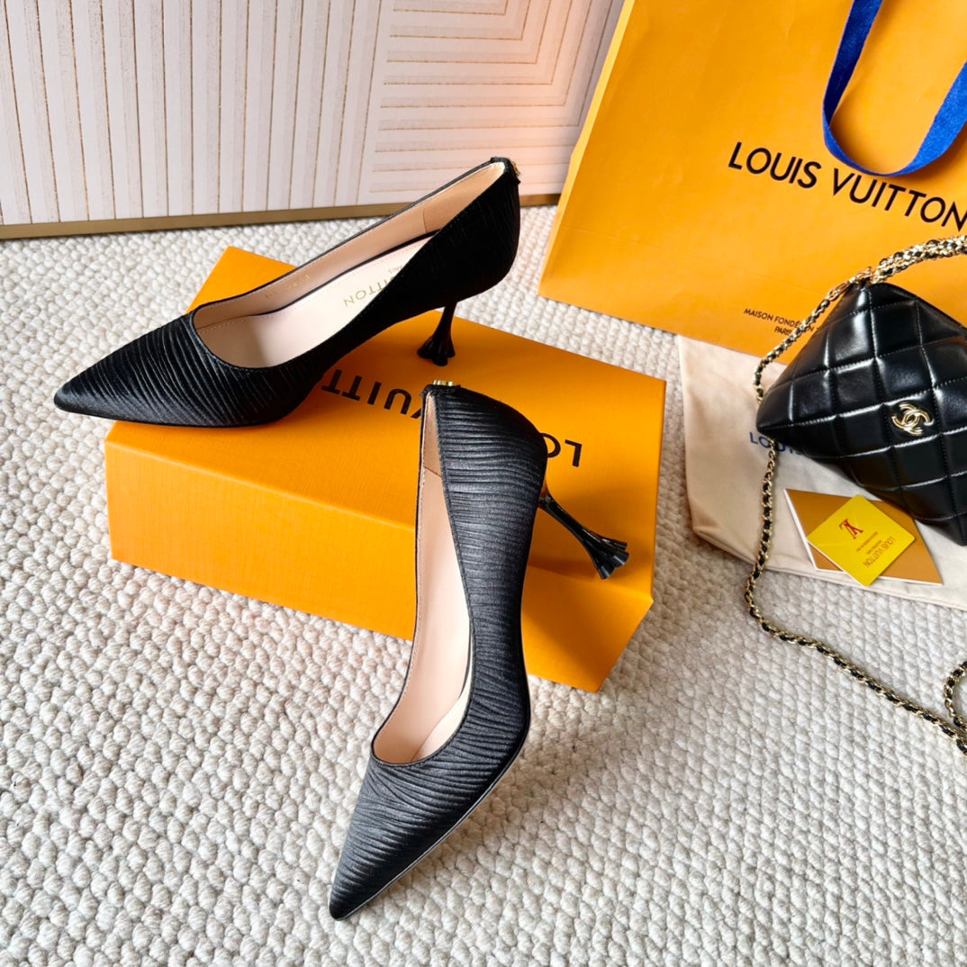 BLOSSOM PUMP 75 MM IN BLACK IMPORTED STRIPED SILK SATIN - 35