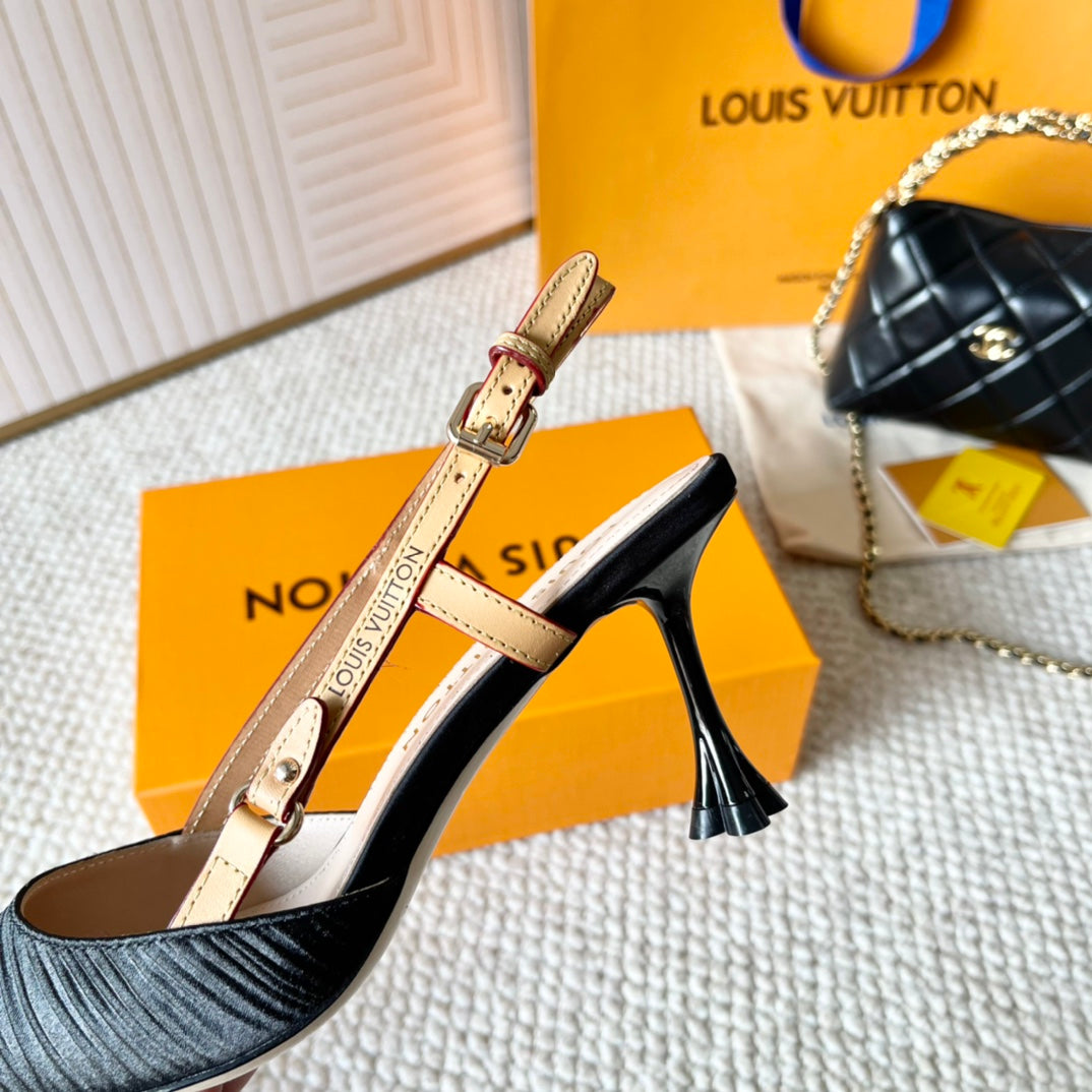 BLOSSOM PUMP SLINGBACKS 75 MM IN BLACK IMPORTED STRIPED SILK SATIN - 35