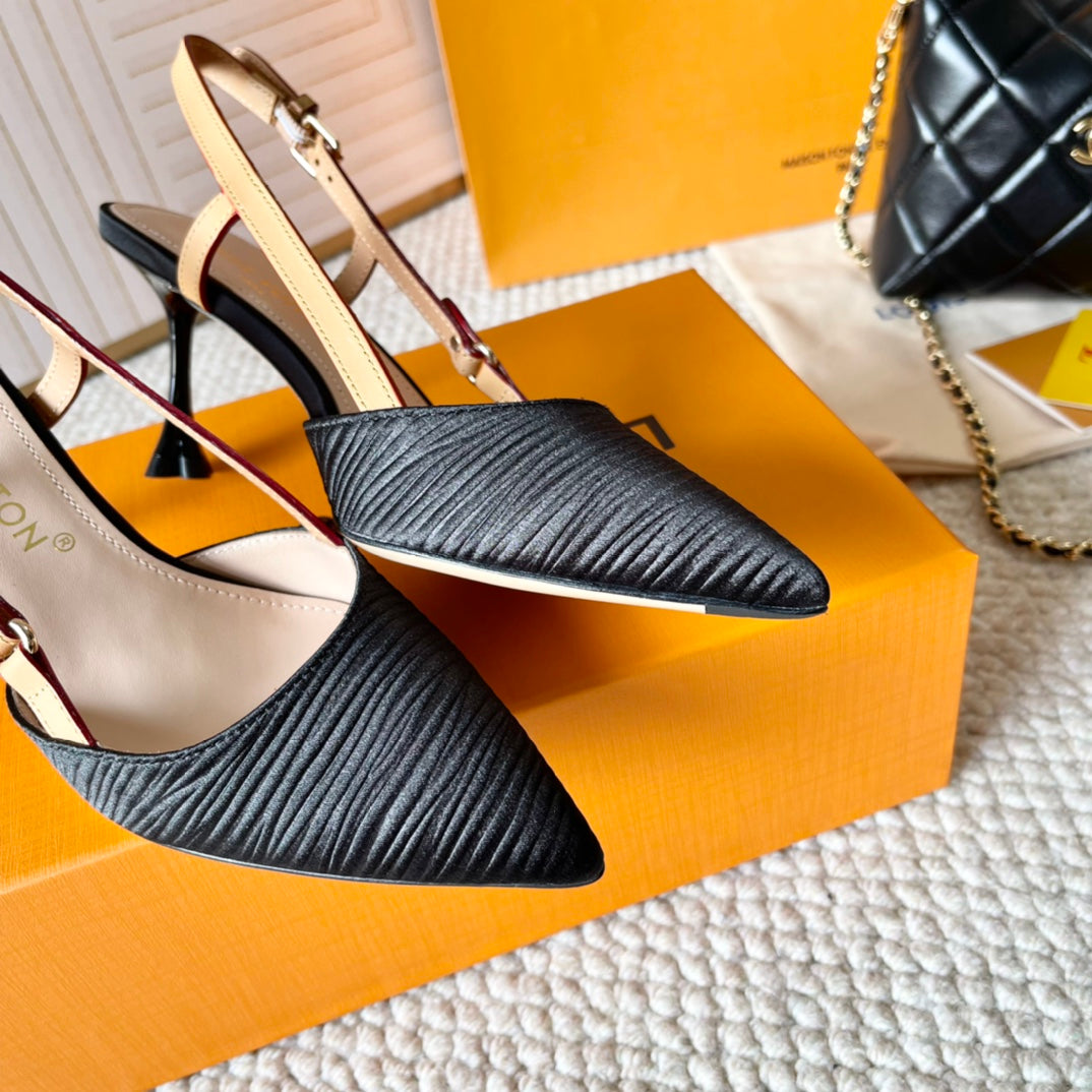 BLOSSOM PUMP SLINGBACKS 75 MM IN BLACK IMPORTED STRIPED SILK SATIN - 35