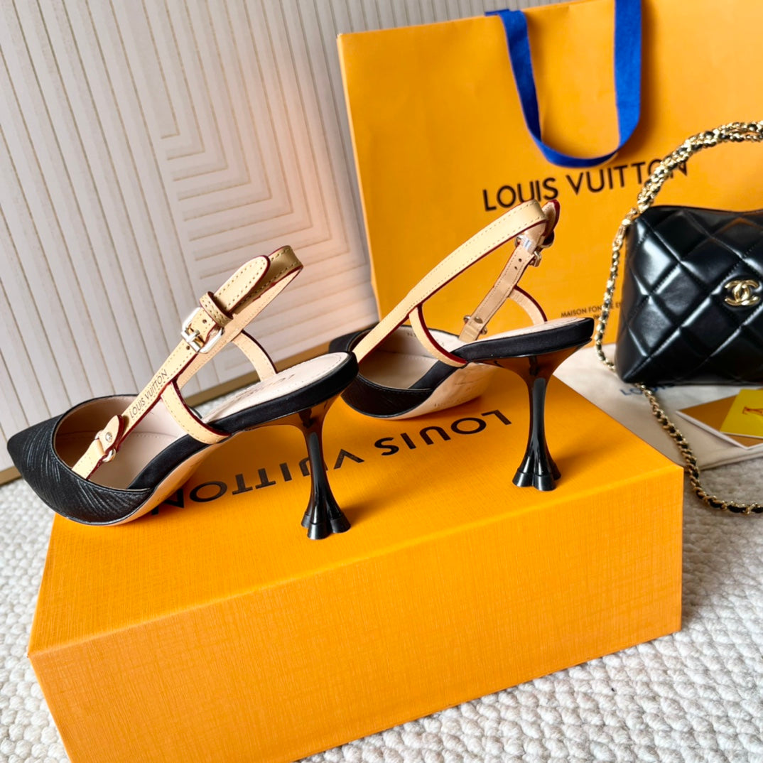 BLOSSOM PUMP SLINGBACKS 75 MM IN BLACK IMPORTED STRIPED SILK SATIN - 35