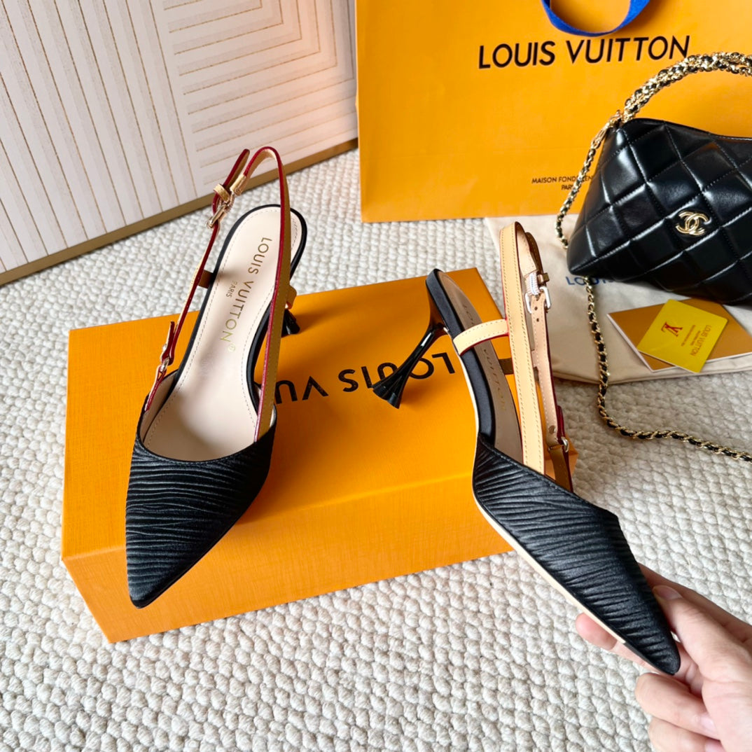 BLOSSOM PUMP SLINGBACKS 75 MM IN BLACK IMPORTED STRIPED SILK SATIN - 35