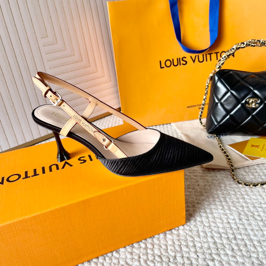 BLOSSOM PUMP SLINGBACKS 75 MM IN BLACK IMPORTED STRIPED SILK SATIN - 35