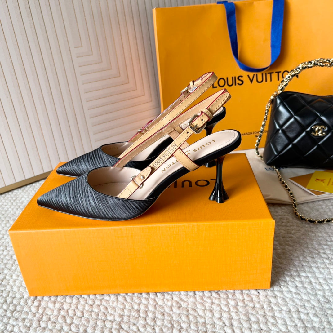 BLOSSOM PUMP SLINGBACKS 75 MM IN BLACK IMPORTED STRIPED SILK SATIN - 35