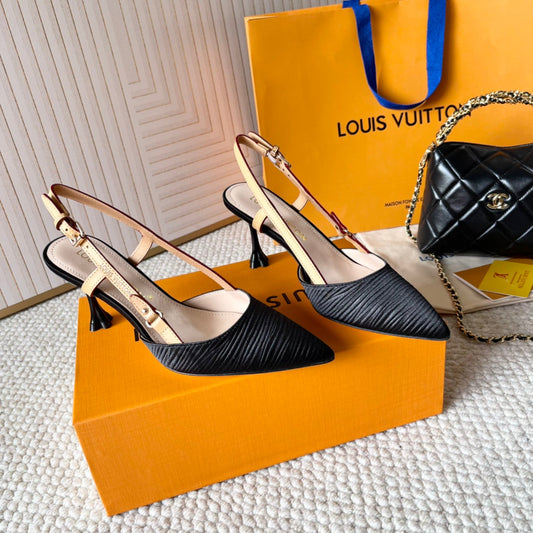 BLOSSOM PUMP SLINGBACKS 75 MM IN BLACK IMPORTED STRIPED SILK SATIN - 35