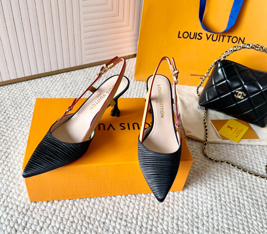 BLOSSOM PUMP SLINGBACKS 75 MM IN BLACK IMPORTED STRIPED SILK SATIN - 35
