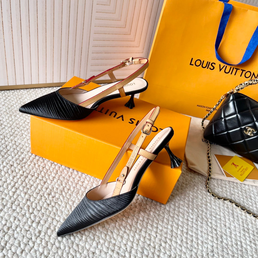 BLOSSOM PUMP SLINGBACKS 55 MM IN BLACK IMPORTED STRIPED SILK SATIN - 35