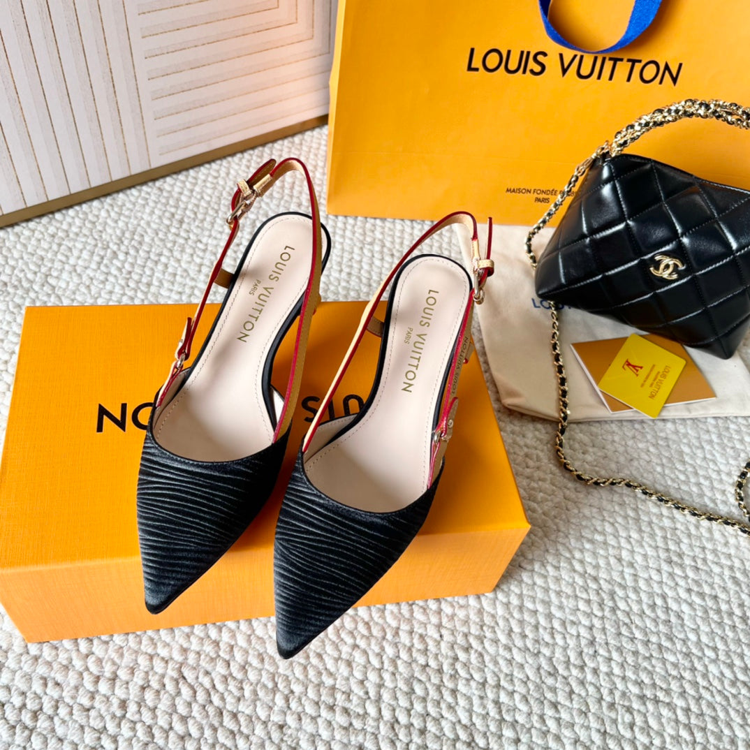 BLOSSOM PUMP SLINGBACKS 55 MM IN BLACK IMPORTED STRIPED SILK SATIN - 35