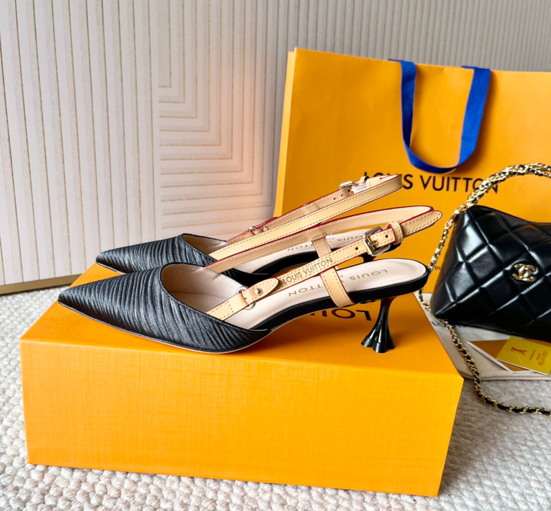 BLOSSOM PUMP SLINGBACKS 55 MM IN BLACK IMPORTED STRIPED SILK SATIN - 35