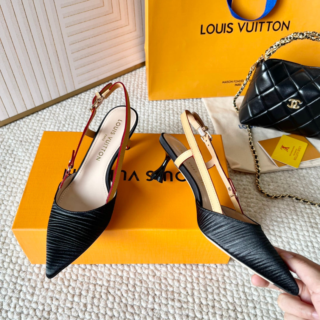 BLOSSOM PUMP SLINGBACKS 55 MM IN BLACK IMPORTED STRIPED SILK SATIN - 35