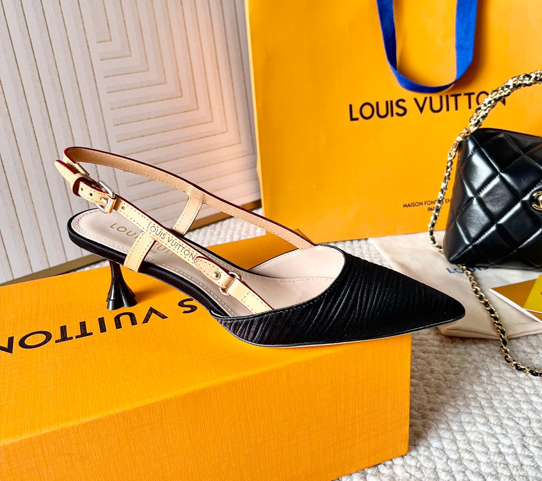 BLOSSOM PUMP SLINGBACKS 55 MM IN BLACK IMPORTED STRIPED SILK SATIN - 35
