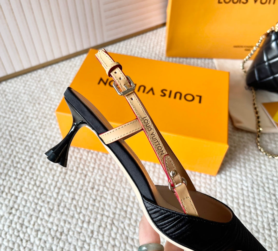 BLOSSOM PUMP SLINGBACKS 55 MM IN BLACK IMPORTED STRIPED SILK SATIN - 35