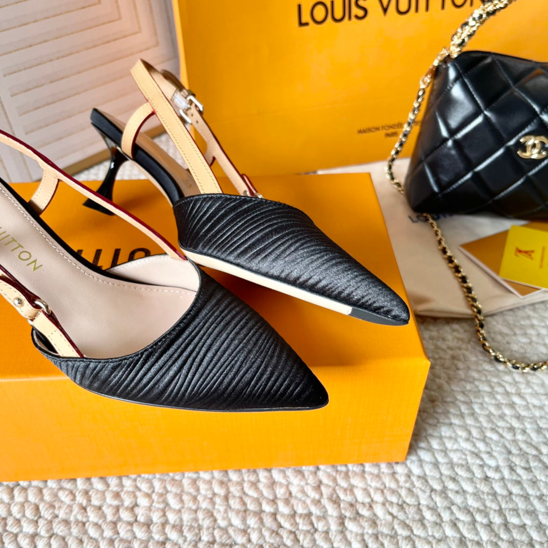 BLOSSOM PUMP SLINGBACKS 55 MM IN BLACK IMPORTED STRIPED SILK SATIN - 35