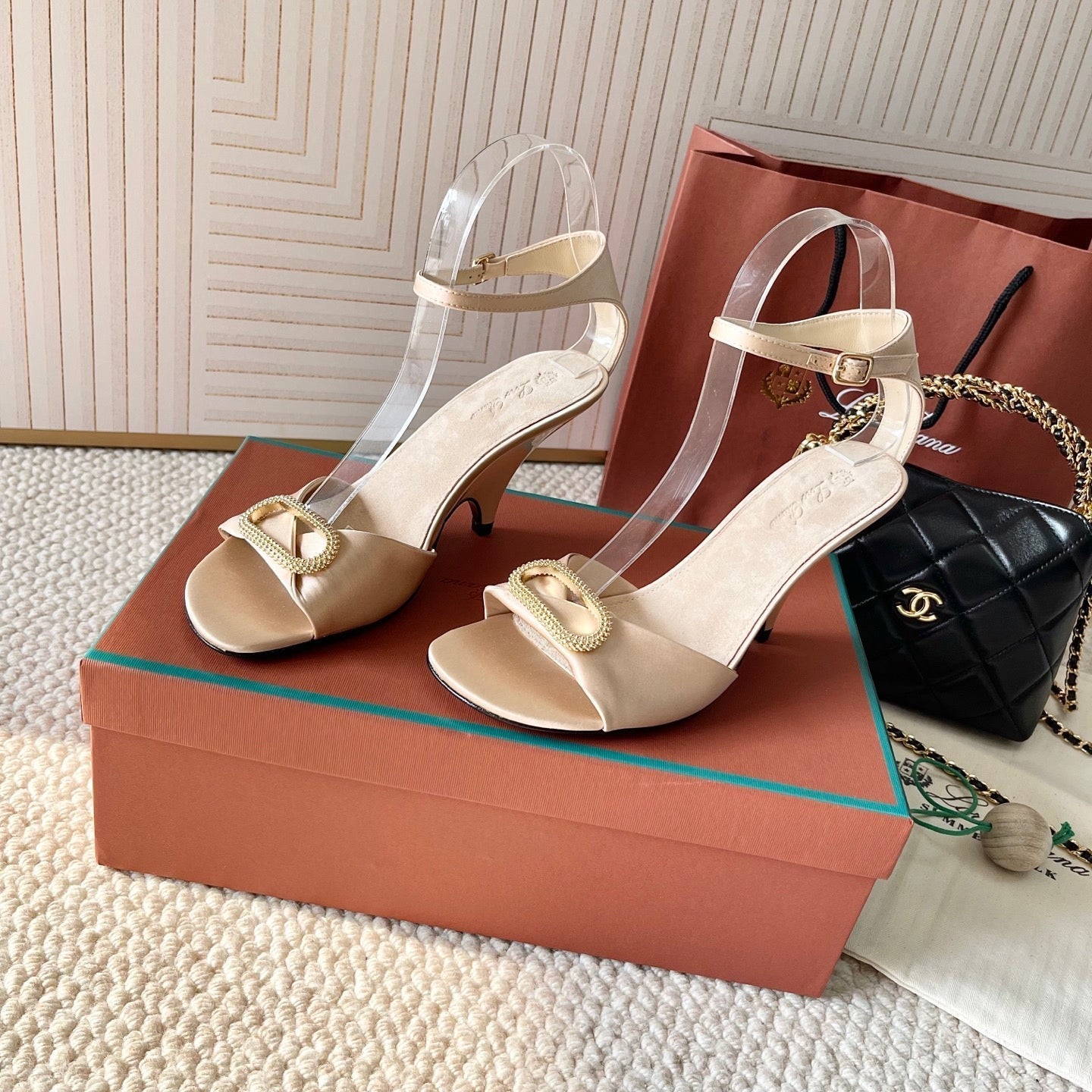 HIGH HEELS SANDALS 80 MM IN LIGHT BEIGE SATIN MIX SUEDE - 35