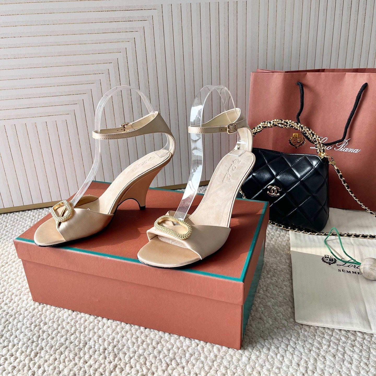 HIGH HEELS SANDALS 80 MM IN LIGHT BEIGE SATIN MIX SUEDE - 35