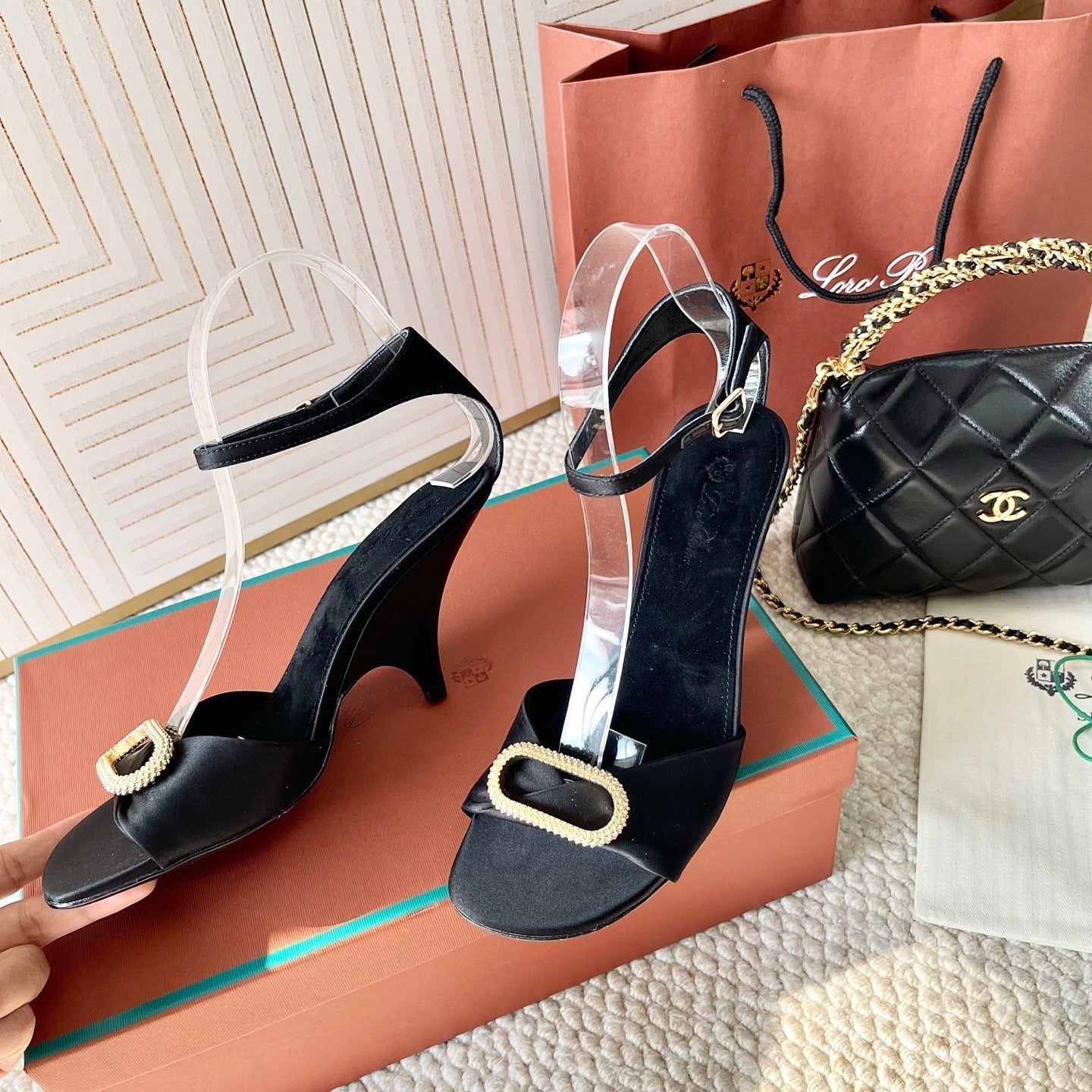 HIGH HEELS SANDALS 80 MM IN BLACK SATIN MIX SUEDUE - 35