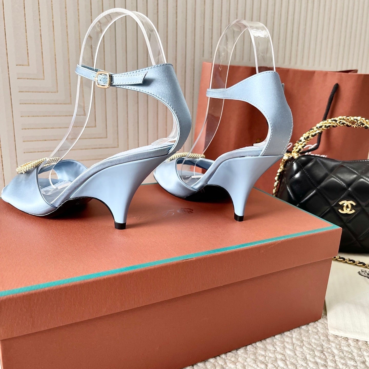 HIGH HEELS SANDALS 80 MM IN PASTEL BLUE SATIN MIX SUEDE - 35