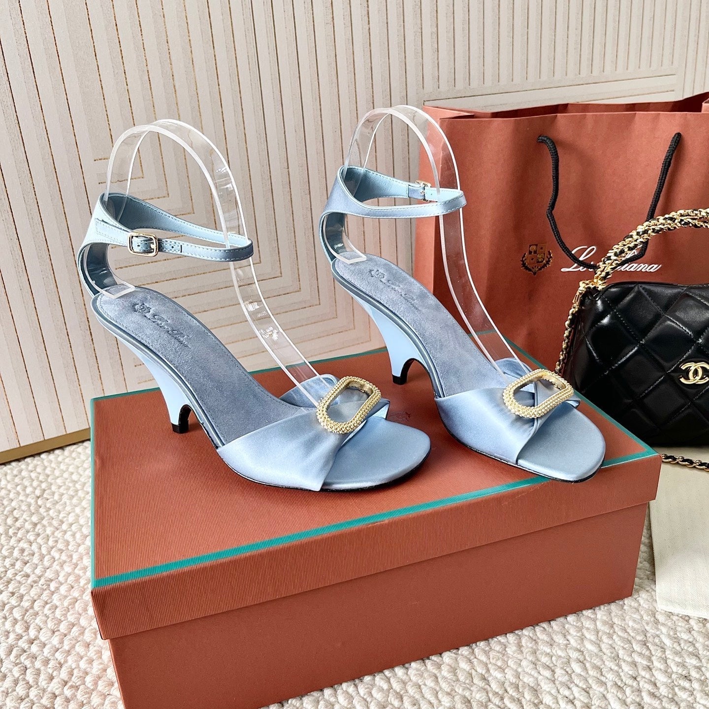 HIGH HEELS SANDALS 80 MM IN PASTEL BLUE SATIN MIX SUEDUE - 35