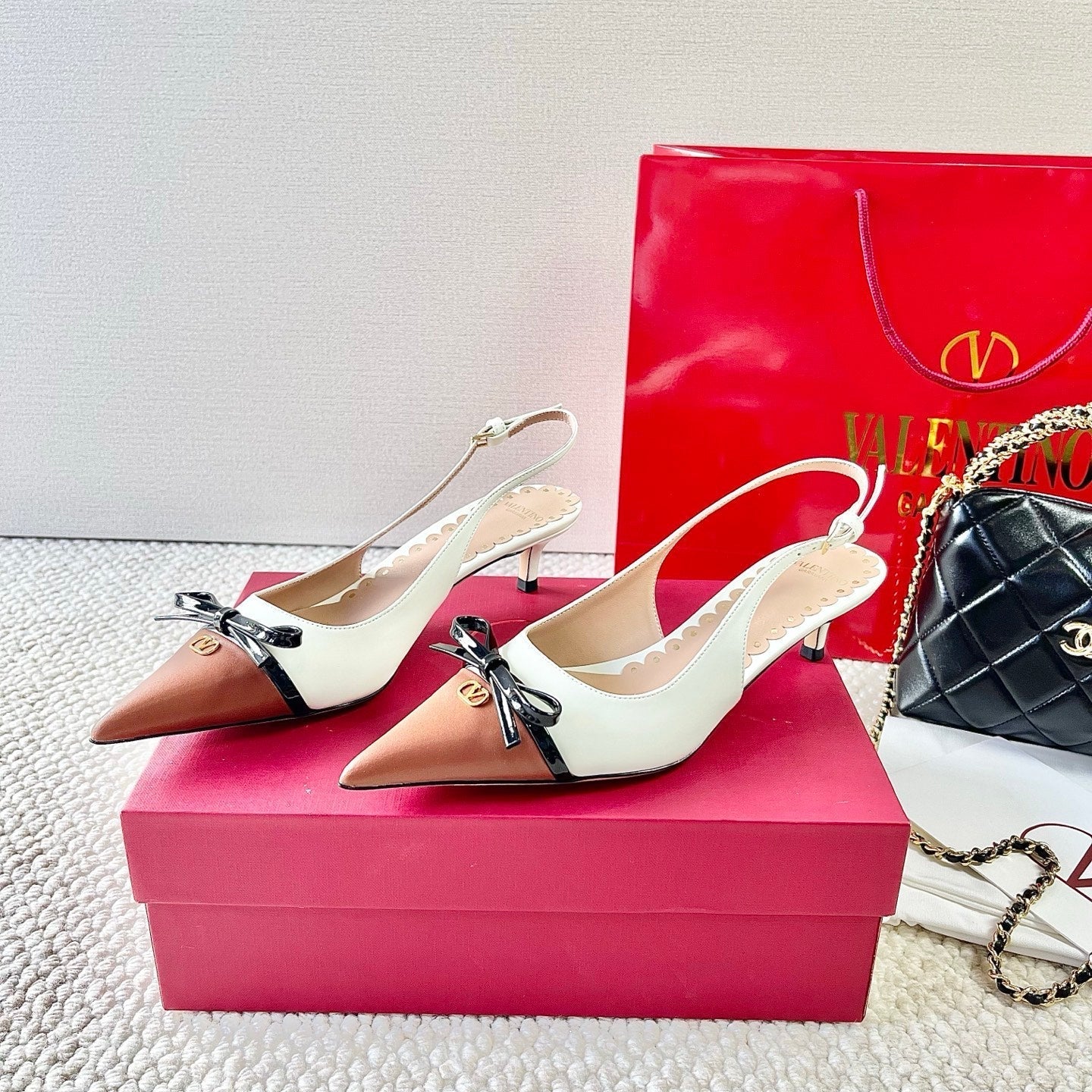VLTN HIGH SLINGBACK 25S 40 MM IN WHITE MIX BROWN LAMBSKIN WITH BOW - 35