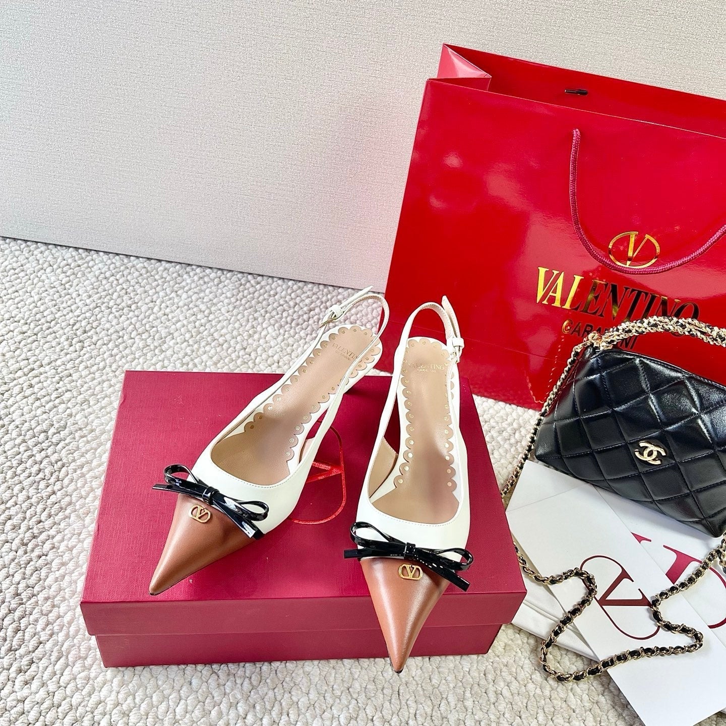 VLTN HIGH SLINGBACK 25S 40 MM IN WHITE MIX BROWN LAMBSKIN WITH BOW - 35