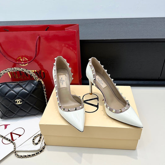 VLTN ROCKSTUD HEELS 25S 85 MM IN WHITE GLOSSY LEATHER - 34