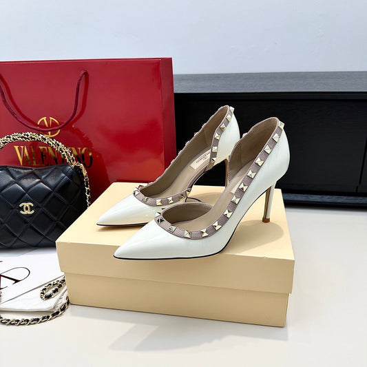 VLTN ROCKSTUD HEELS 25S 85 MM IN WHITE GLOSSY LEATHER - 34