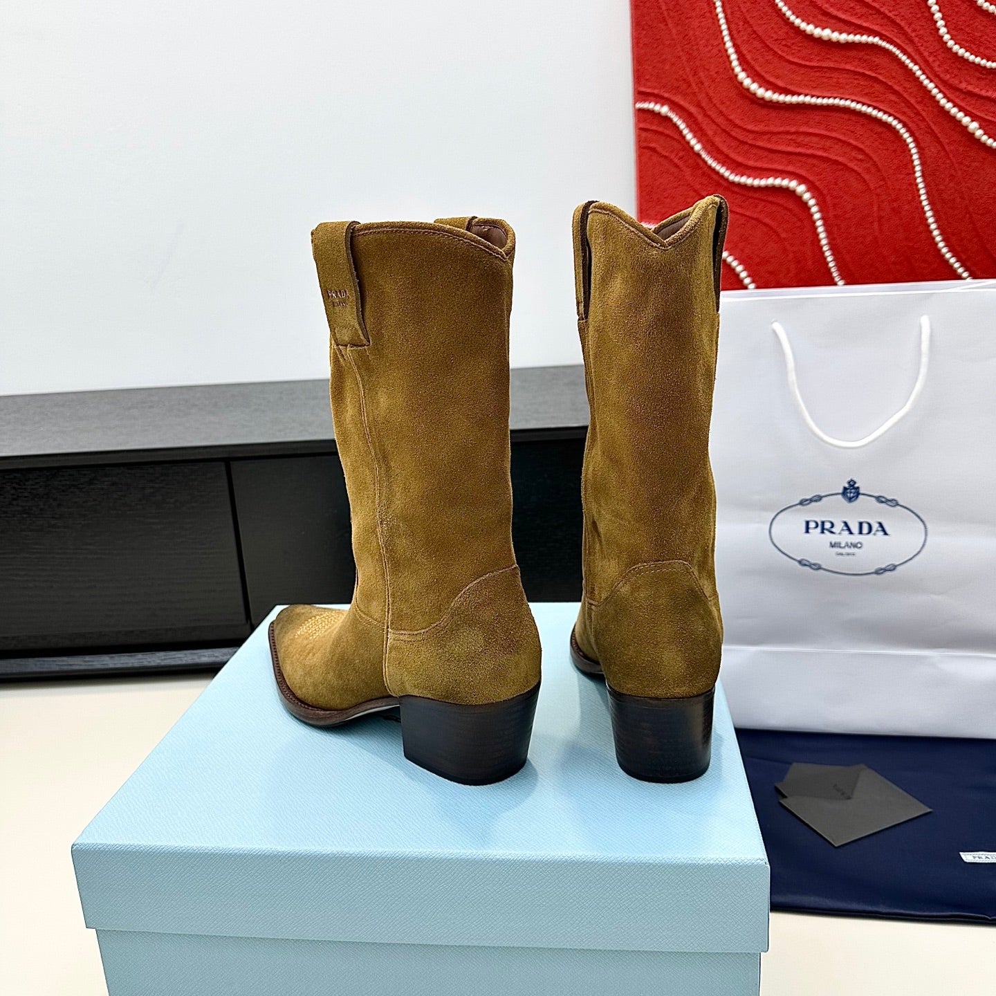 PRADA 25S POINTED-TOE LOW-CUT BOOTS IN CARAMEL BROWN SUEDE - 35