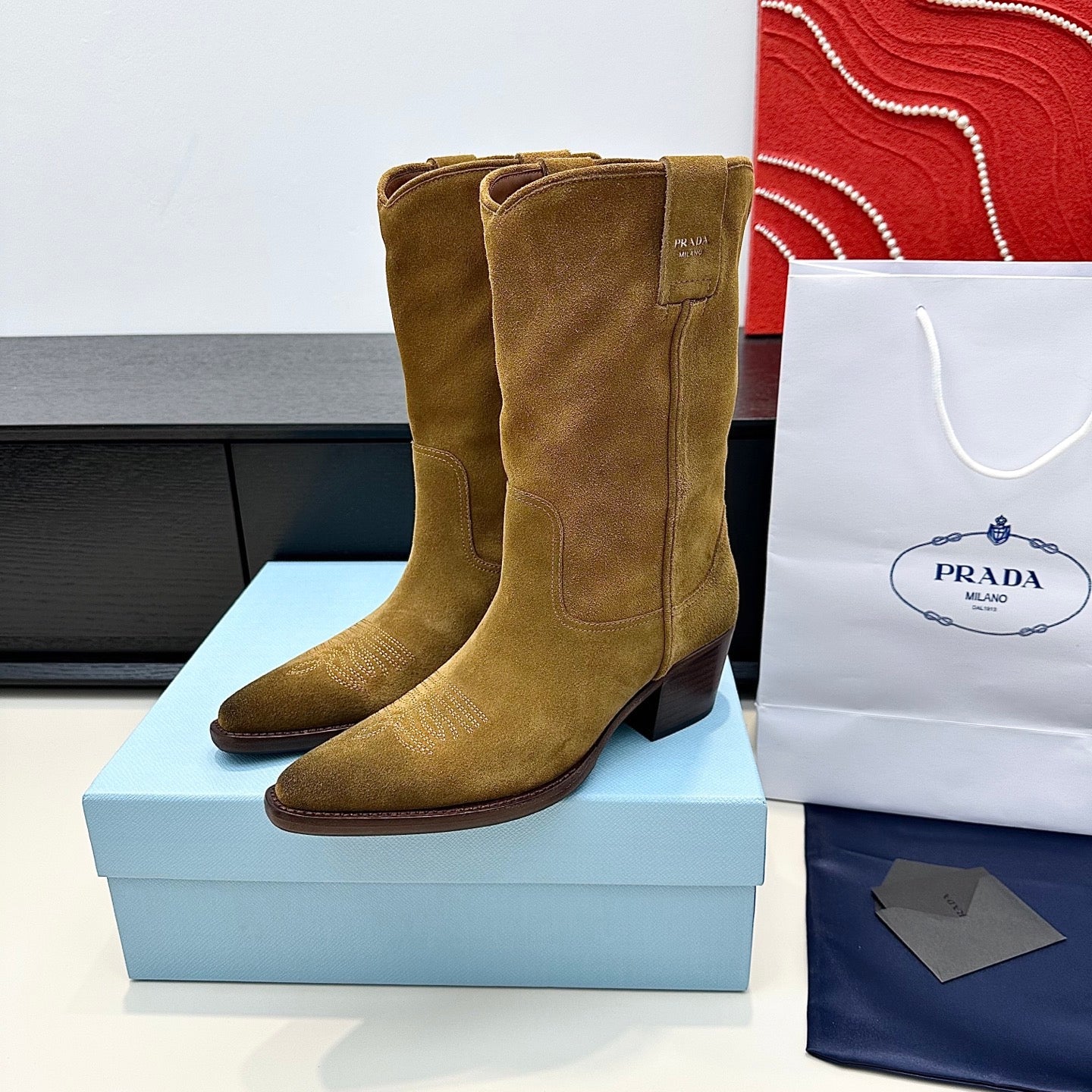 PRADA 25S POINTED-TOE LOW-CUT BOOTS IN CARAMEL BROWN SUEDE - 35