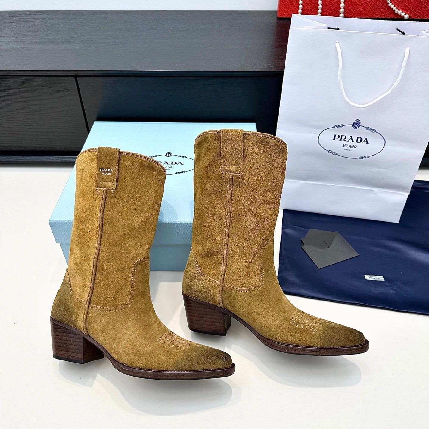 PRADA 25S POINTED-TOE LOW-CUT BOOTS IN CARAMEL BROWN SUEDE - 35