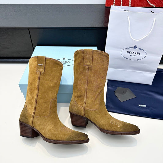 PRADA 25S POINTED-TOE LOW-CUT BOOTS IN CARAMEL BROWN SUEDE - 35