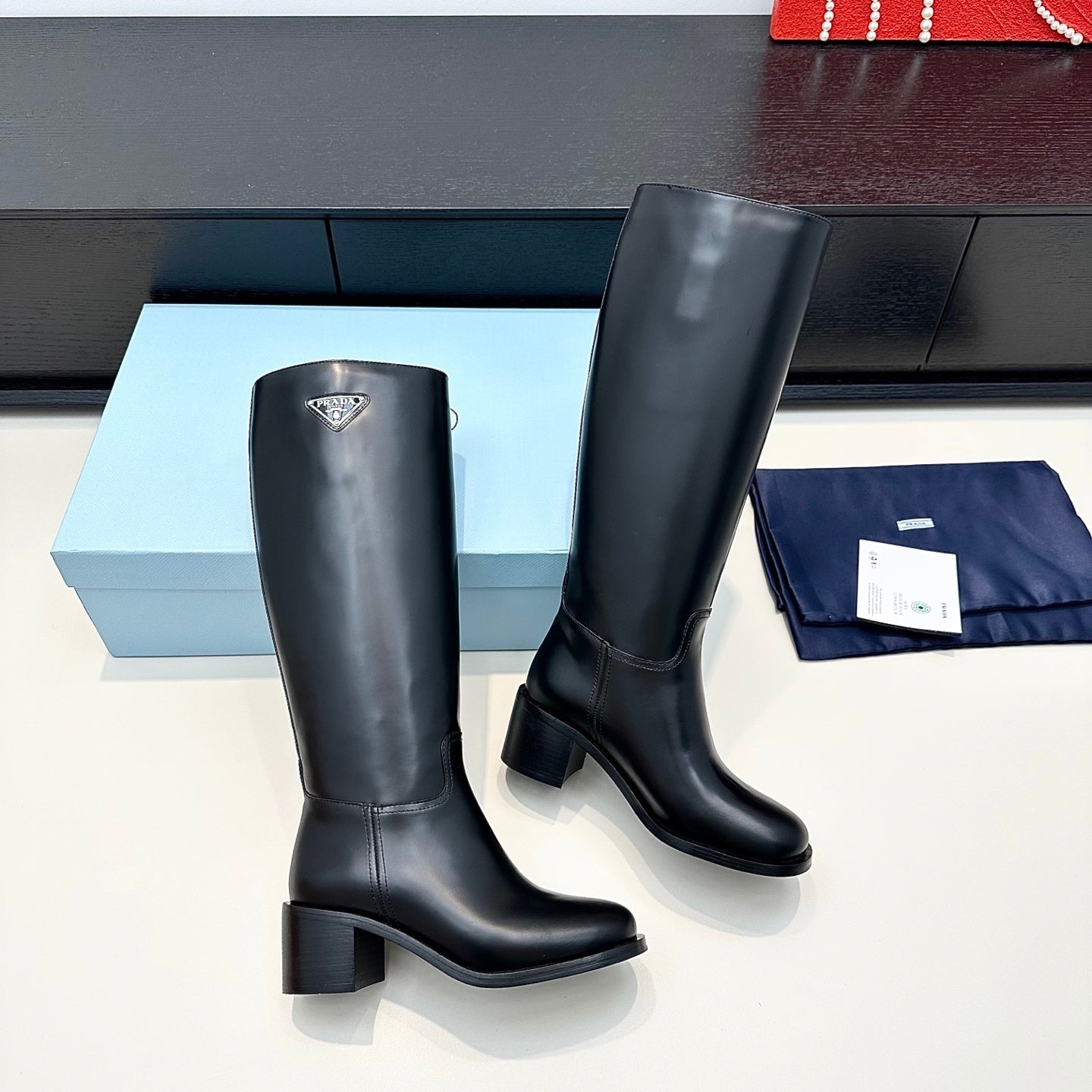 PRADA 25S HIGH-CUT BOOTS 55 MM IN BLACK CALFSKIN - 35