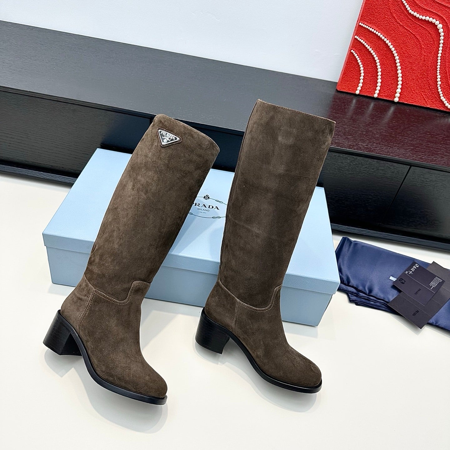 PRADA 25S HIGH-CUT BOOTS 55 MM IN EARTH BROWN SUEDE - 35