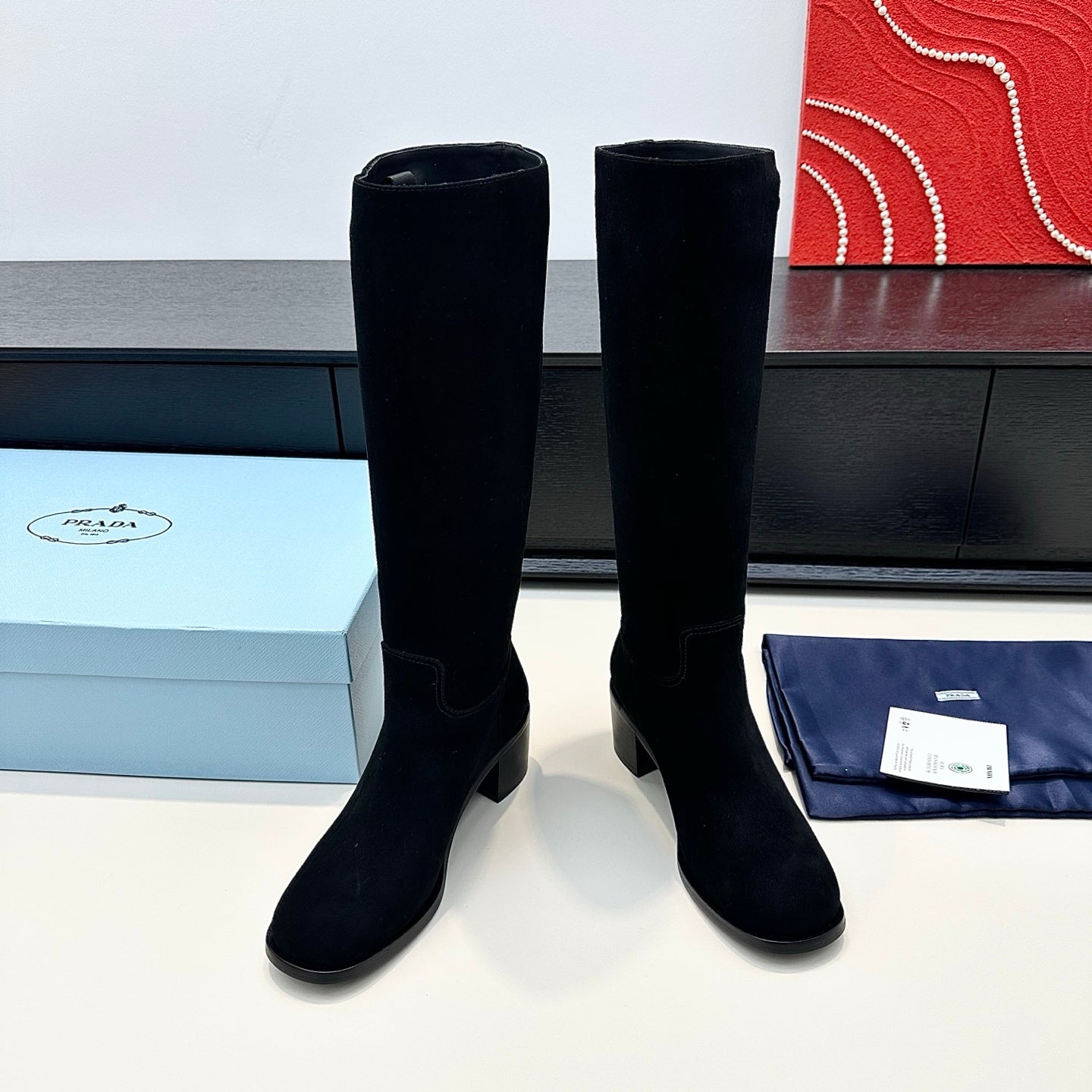 PRADA 25S HIGH-CUT BOOTS 55 MM IN BLACK SUEDE - 35