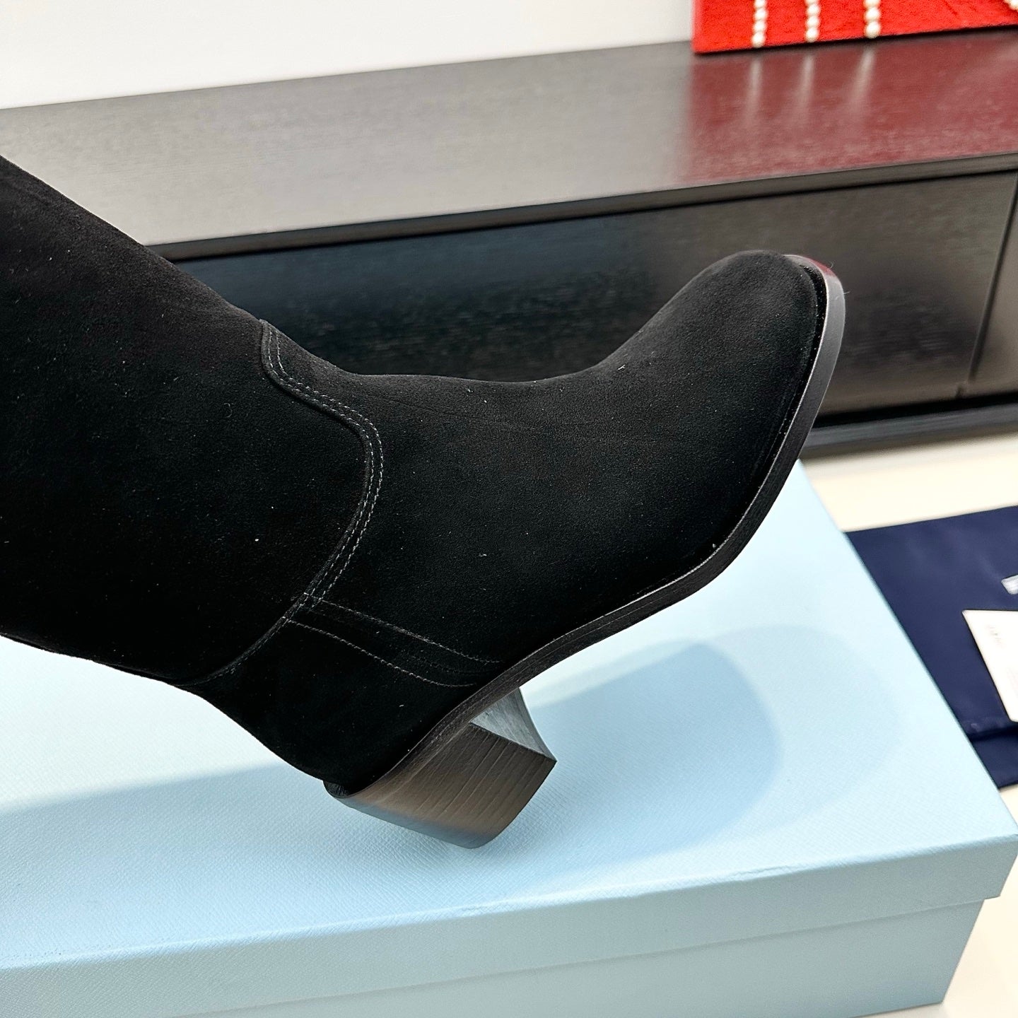 PRADA 25S HIGH-CUT BOOTS 55 MM IN BLACK SUEDE - 35