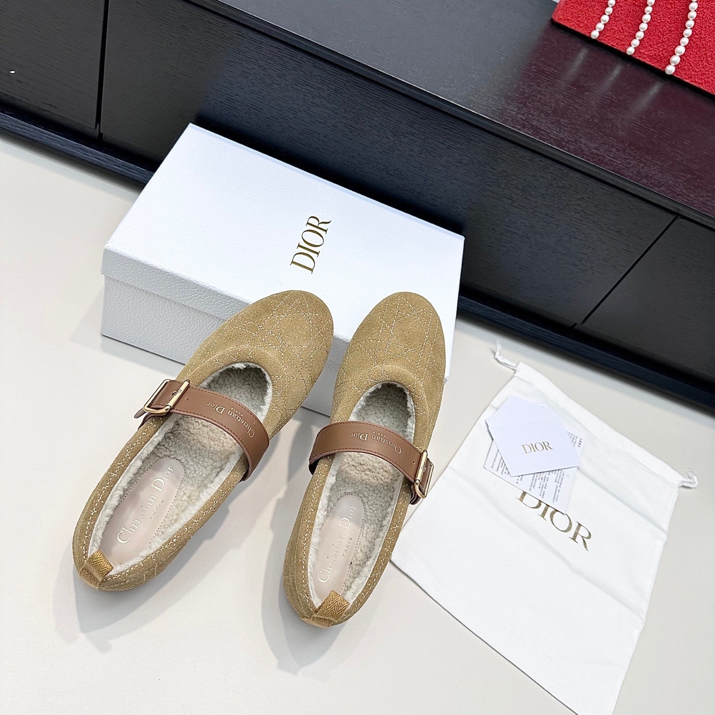 DIOR 26S FROST BALLET FLAT IN LIGHT BROWN CANNAGE SUEDE AND CALFSKIN