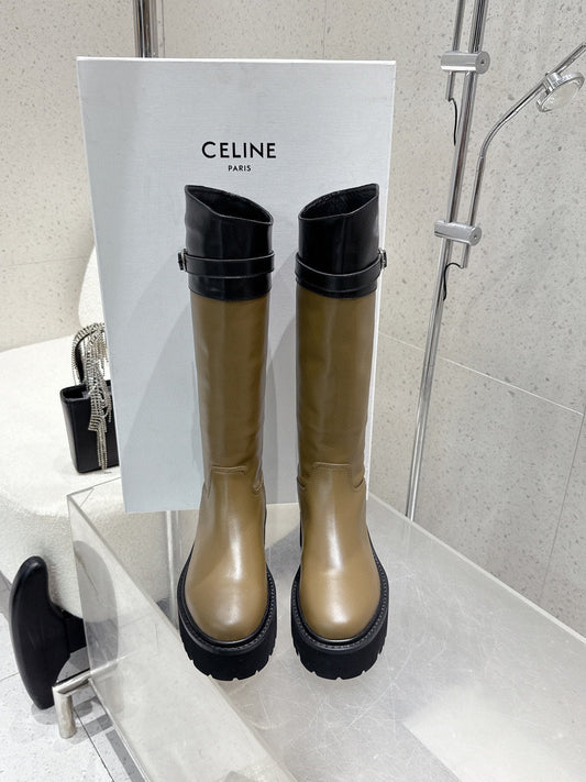 ЧОБОТИ CELINE 26S ДО КОЛІН З ТЕЛЯЧОЇ ШКІРИ ОЛИВКОВО-КОРИЧНЕВОГО ТА ЧОРНОГО КОЛЬОРІВ